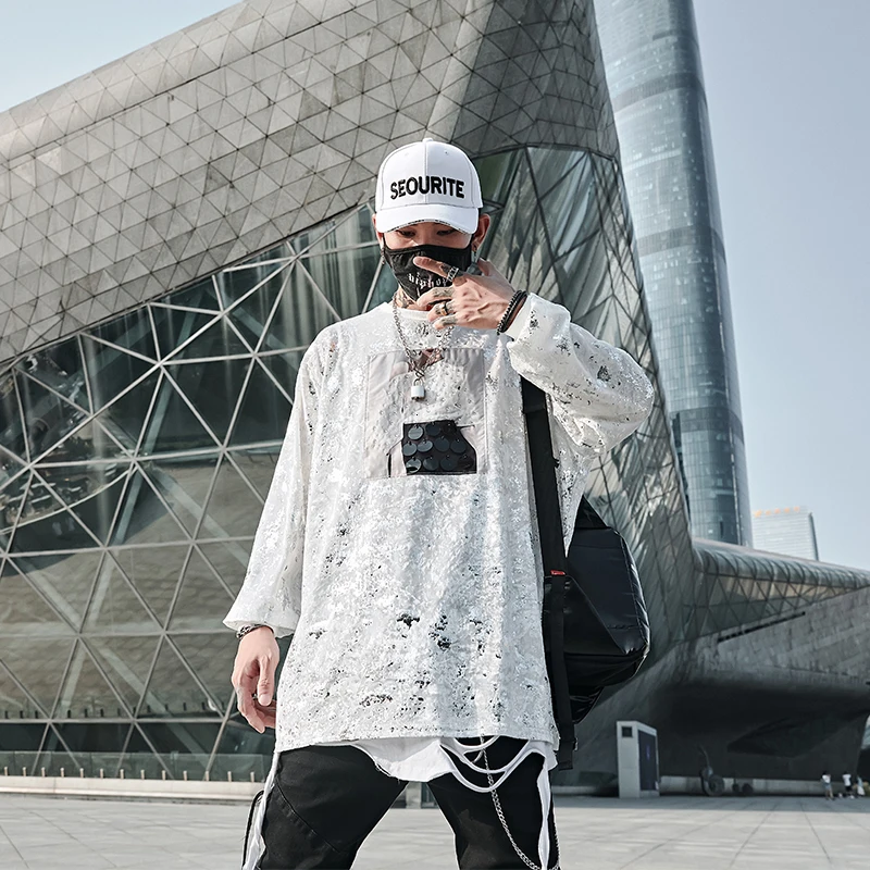 Camiseta Masculina, мужская Свободная Повседневная футболка с длинным рукавом и блестками, мужская новая уличная футболка в стиле хип-хоп, панк, готика, танцовщица, футболки, рубашки