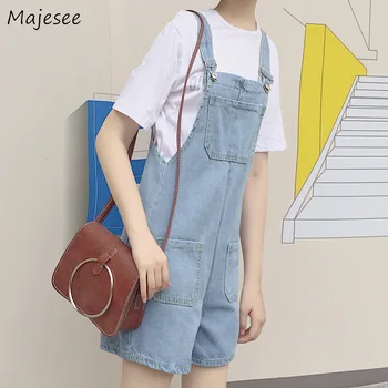 

Rompers Women Denim Light Blue Kawaii Girls All-match Student Harajuku Korean Style Pockets Casual Daily Playsuit Womens Fashion