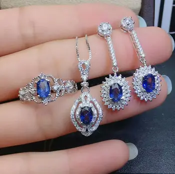 

MeiBaPJ Natural Sri Lanka Sapphire Gemstone Sunflower Jewelry Set 925 Silver 3 Pieces Siut Fine Wedding Jewelry for Women