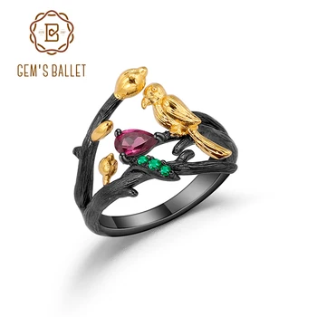 

GEM'S BALLET 925 Sterling Silver Handmade Adjustable Statement Ring Natural Rhodolite Garnet Flower Buds Bird Rings for Women