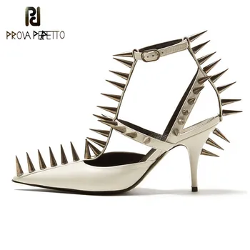 

Prova Perfetto Women Sandals Sharp Rivet Gladiator Sandals Woman Pointed Toe Cut-out Ankle Strap High Heels Shoes Woman Pumps