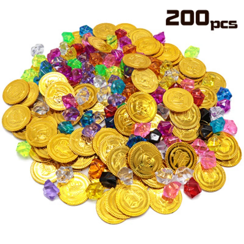 

200 Pieces Plastic Pirate Gold Coins Fake Gems Jewelry Diamonds Game Chips Kids Play Toys Kit Party Holiday DIY Decorations