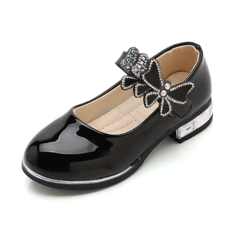 Girls Leather Shoes 2022 Spring Summer PU Patent Leather Kids Dress Shoes High Heels Butterfly-knot Dress Shoes for Wedding Chic children's shoes for high arches