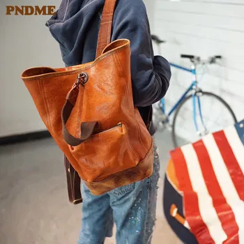 

PNDME fashion vintage luxury cowhide men's women's backpack designer high quality genuine leather small bagpack female bookbag