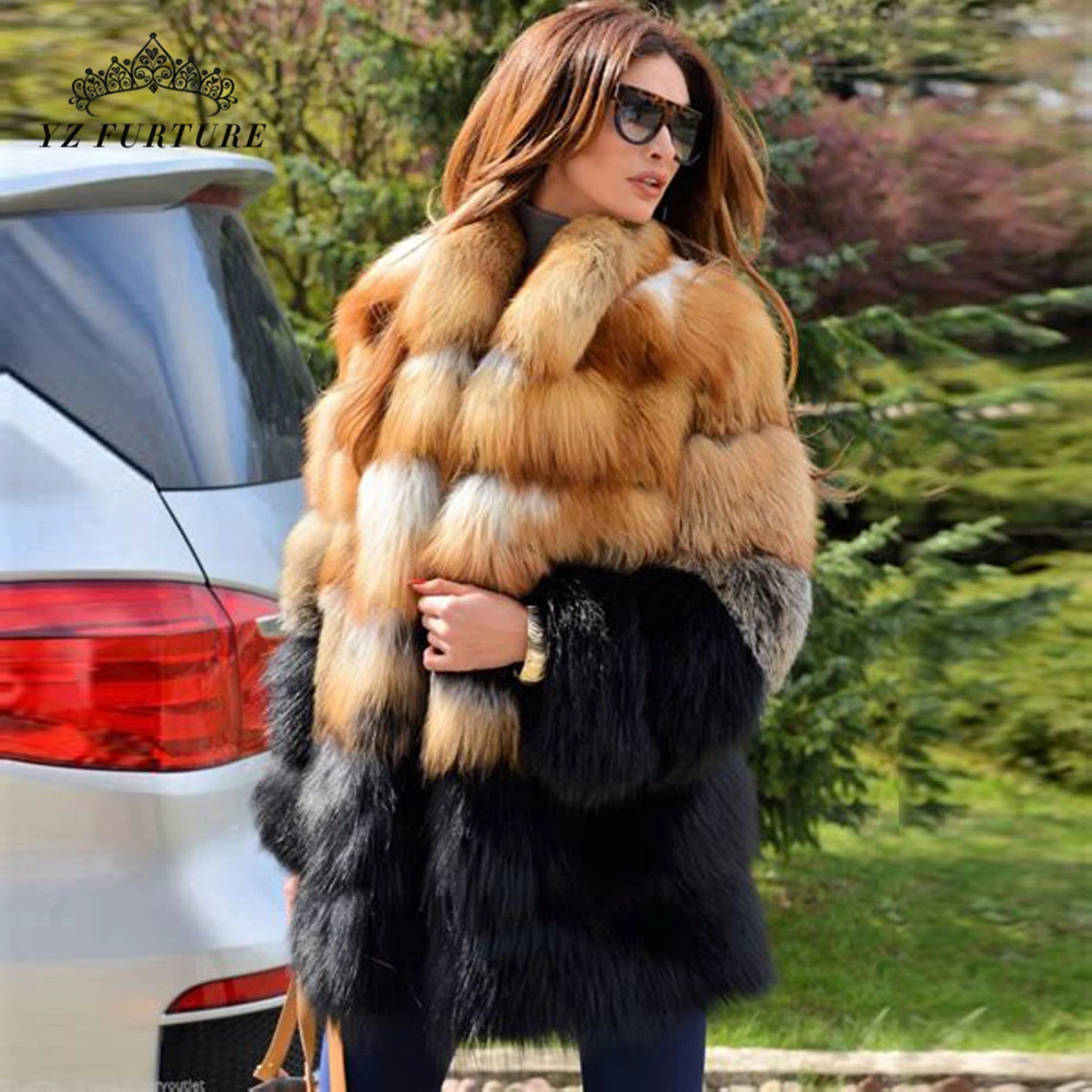 

80cm New Real Fox Fur Coat Women Winter Jackets Warm Stand Collar Nature Fox Fur Coats Overcoat Female Genuine Furs Jacket