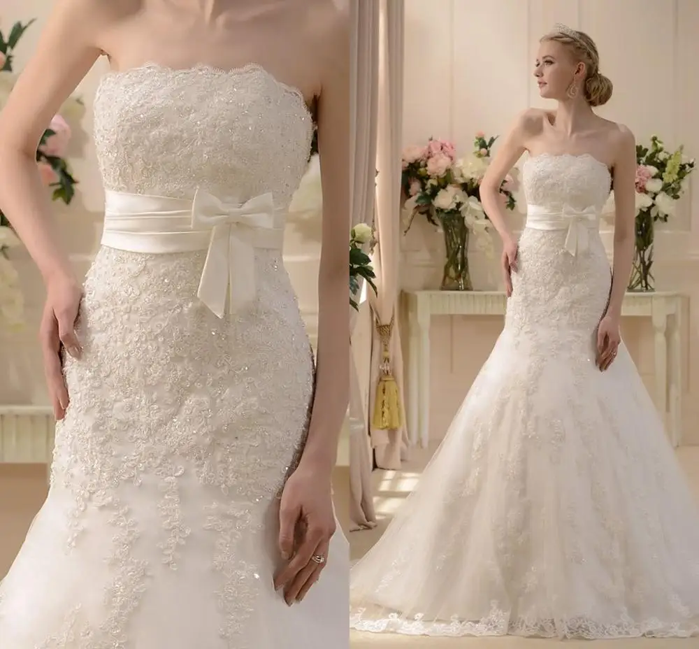 

New Design Strapless Mermaid Appliques Wedding Dresses 2020 Lace Bride Dresses Elegant Wedding Gowns Casamento