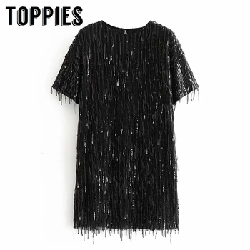 

Winter Black Sequined Party Dress Women Short Sleeve Fringe Mini Dress Sexy Club Wear Elegant Ladies Vestidos