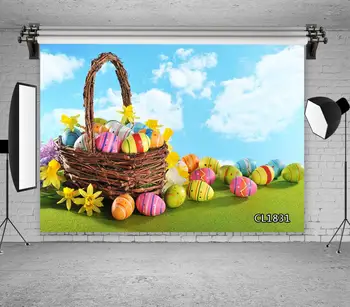

Easter Eggs Photography Backdrop Blue Sky White Clouds Green Grass Background Photo Studio Photophone Photocall Shoot Props