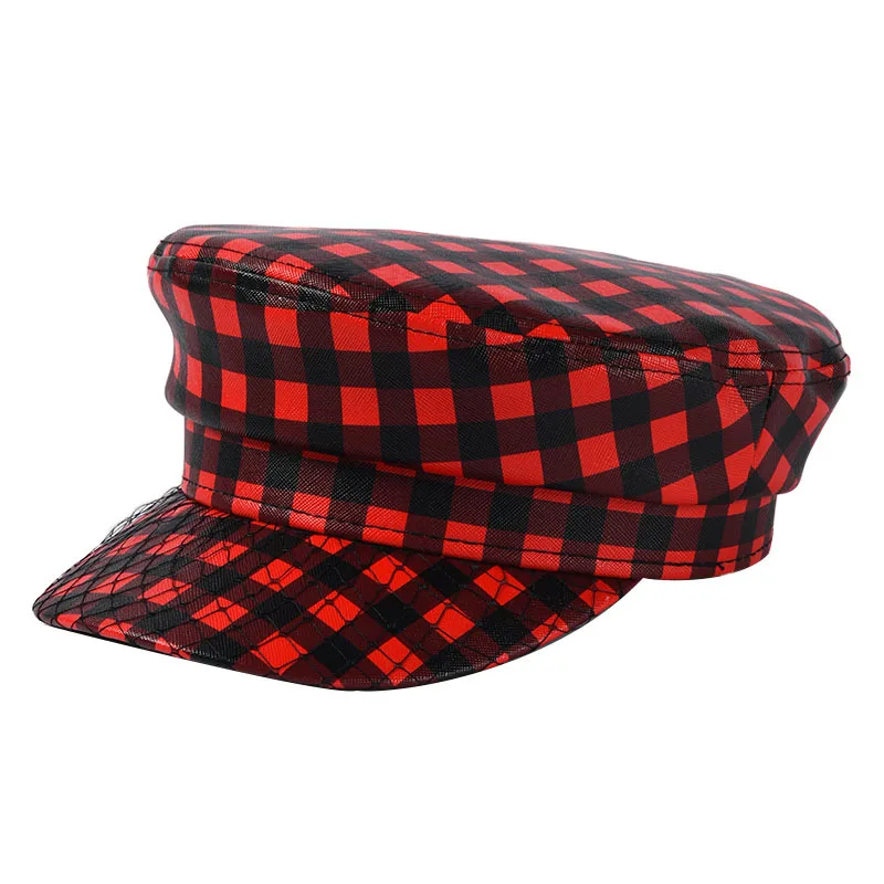 USPOP, новинка, женские клетчатые кепки newsboy, винтажные клетчатые кепки из искусственной кожи с козырьком, кепки с плоским верхом в стиле милитари - Цвет: Красный