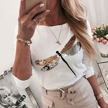 

Dragonfly Sequined Fashion Spring Women White O Neck Long Sleeve T-shirt Ladies Casual Korean Bottoming Tops Tee SJ5473E