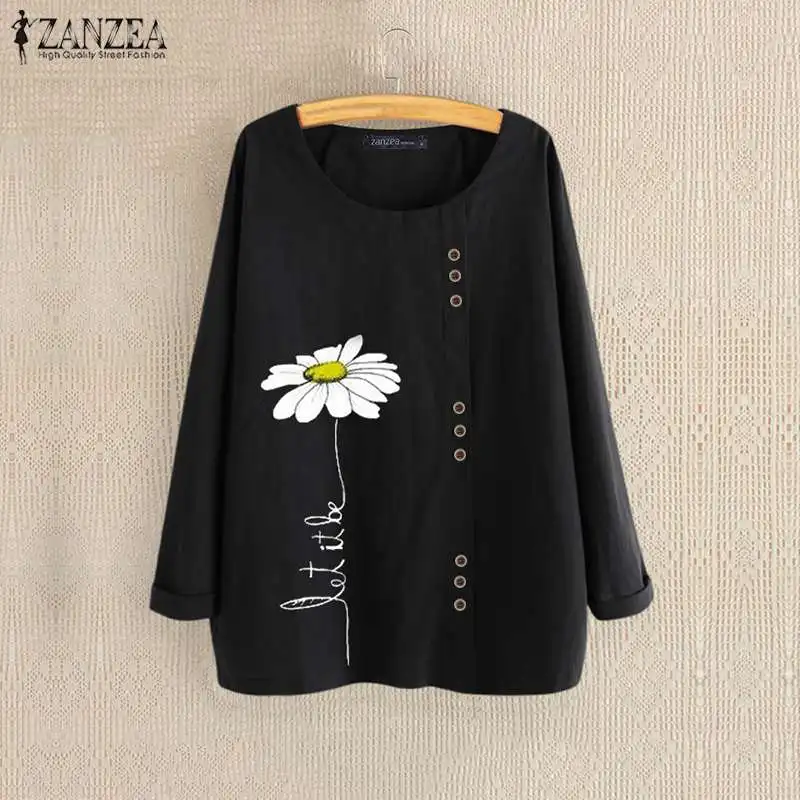  Women Autumn Cotton Blouse 2019 ZANZEA Elegant Daisy Printed Tops Casual Long Sleeve Shirts Female 