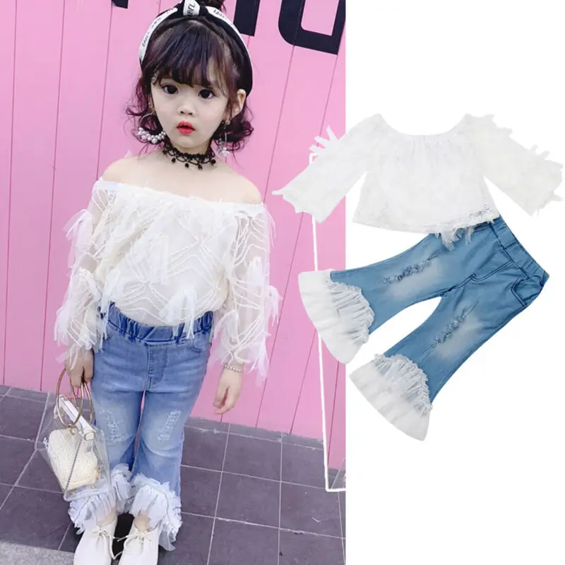 

Imcute 2019 New Toddler Girls Kids Set Clothes White Lace Tassel Off Shoulder Tops Denim Pants Jeans 2pcs Outfits Cloth Pullover