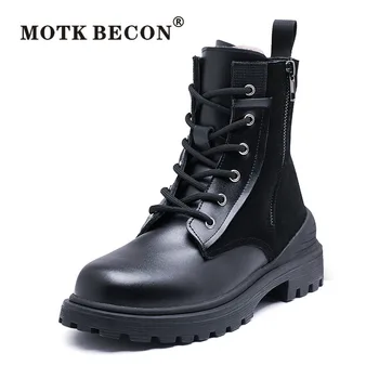 

MOTK BECON Genuine Leather Ladies Winter Boots Handmade Fashion Ankle Boots Women Cow Suede Lace-Up Zip Platform Shoes Y037