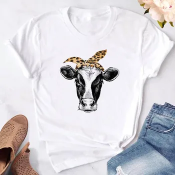 

Cute Bandana Bow Cow Printed Women T Shirt 2020 Summer White Casual Short Sleeve Gift For Lady Girl Funny Female Clothes Top