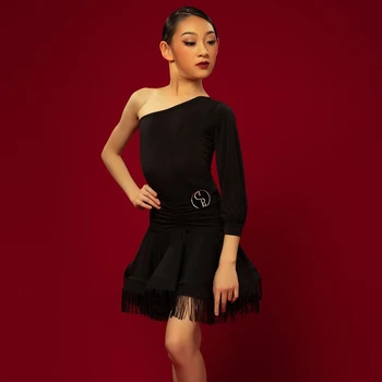 

Latin Dance Dress Fashion One-Shoulder Top Fringed Skirt Girls Practice Costumes Cha Cha Rumba Samba Tango Stage Wear DNV12618