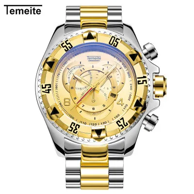 Военные мужские кварцевые часы с хронографом, модные часы с календарем TEMEITE, многофункциональные водонепроницаемые часы со стальной полосой, светящиеся часы, подарки для мужчин - Цвет: Gold