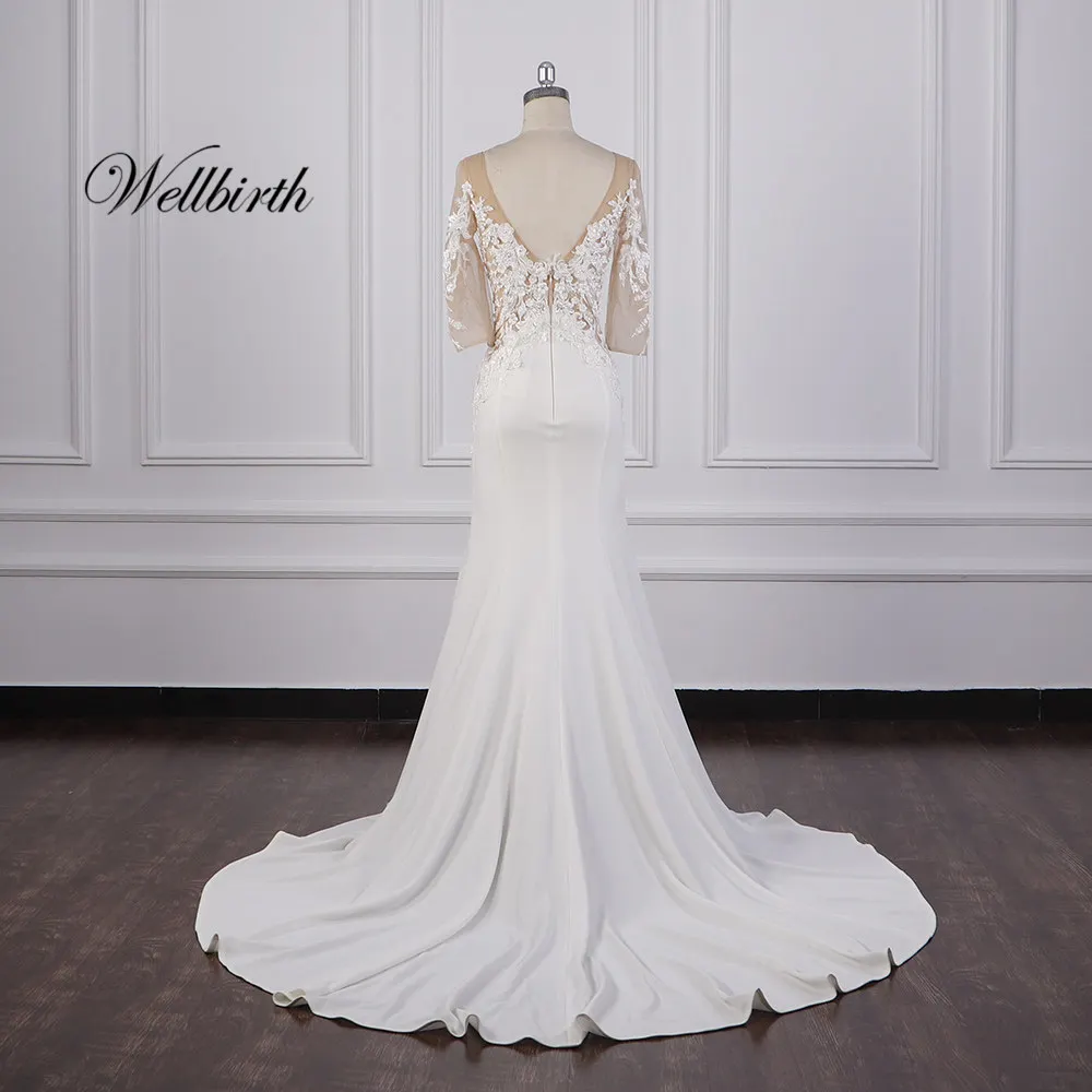 Реальное изображение Wellbirth Vestido de novia v-образный вырез zippber сзади Русалка свадебное платье Половина рукава Свадебное платье jc037