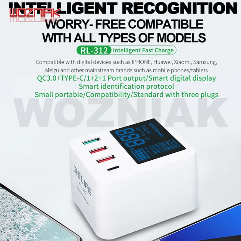 Возняк RL-312 портативный интеллектуальный мини QC3.0 зарядное устройство Cargador с USB выходом цифровой дисплей и AU ЕС Великобритания преобразования разъем