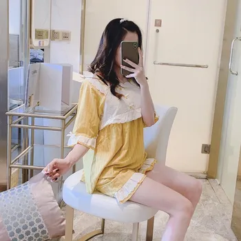 

New Popular Lovely Sweet Pajamas Suit For Women Lace Bow Tops+shorts Sleepwear Set Cute Homewear Female Weekend Nighty 2pcs