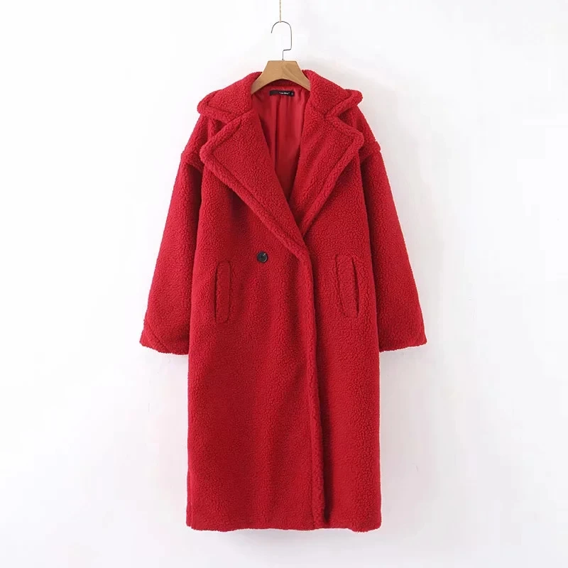Синяя, красная, белая плюшевая куртка, пальто из искусственного меха, длинное розовое меховое пальто, женское винтажное зимнее пальто с меховым воротником, женские элегантные лохматые куртки - Цвет: Красный