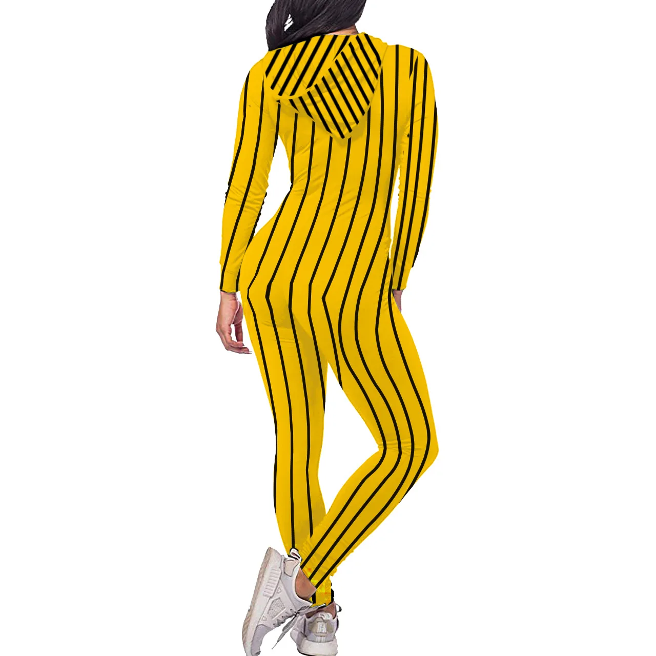 Casual Hooded Jumpsuit Striped Open Up Long Sleeve Bodycon Rompers Womens Jumpsuit Femme Autumn Winter Plus Size S-XXL
