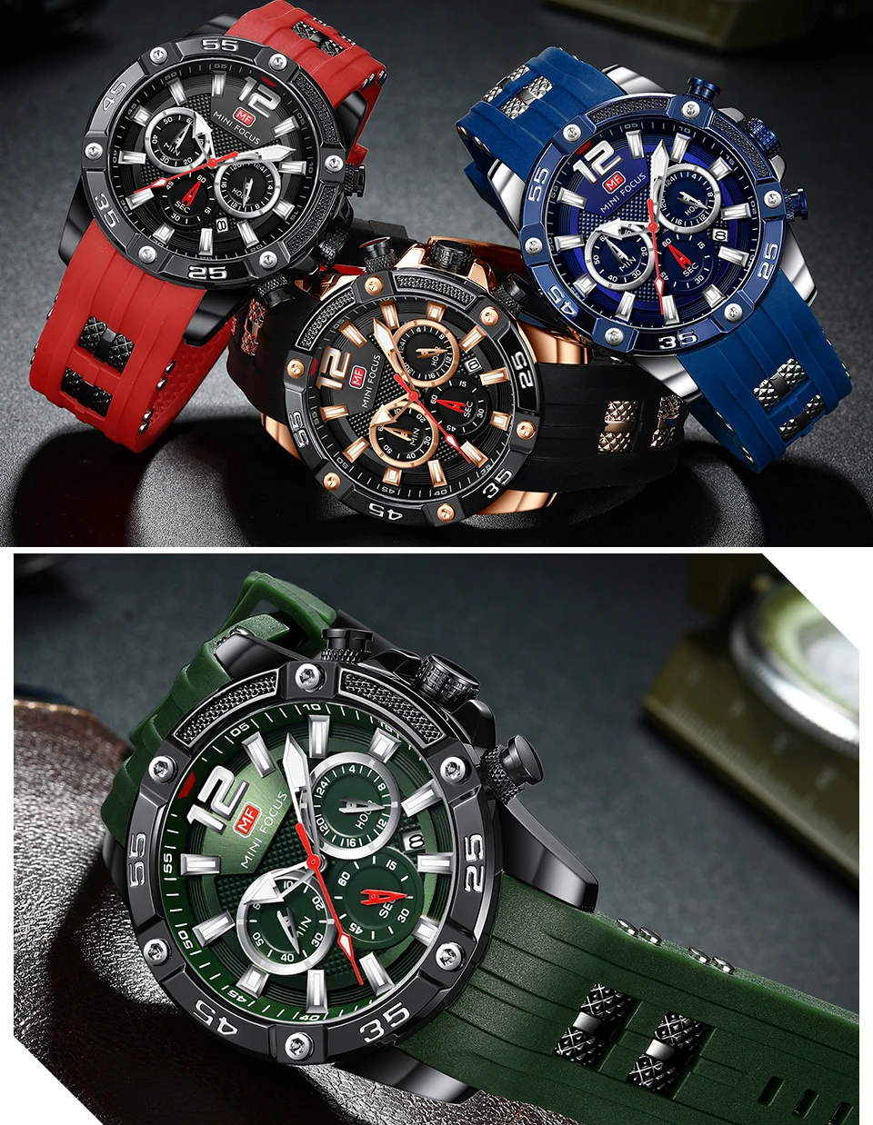 Military Mens Watches Quartz Clock Silicone Strap Multifunction Luminous Sports Casual Watch MINI FOCUS