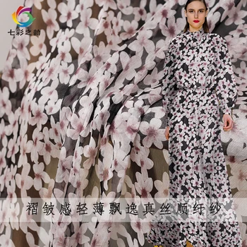 

The Cloth Black Printed Crinkle Chiffon 100% silk Materials Summer Dress DIY clothes fabrics Freeshipping