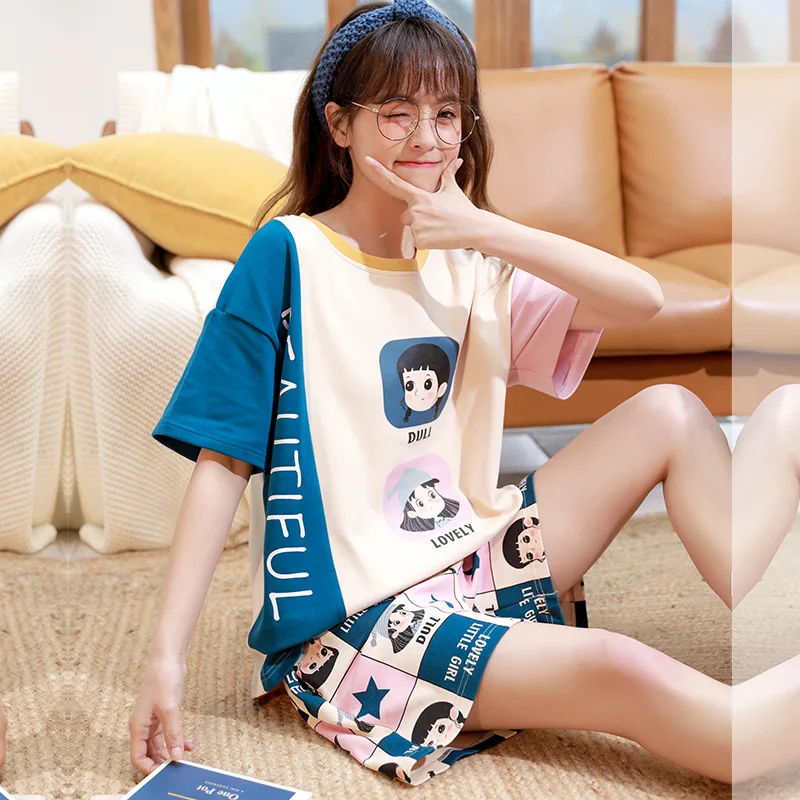 Sleepwear Loose Cute Cartoon Cotton Pajamas for Women Short Pants Short Sleeved Summer Spring Loungewear Home Clothing Homewear