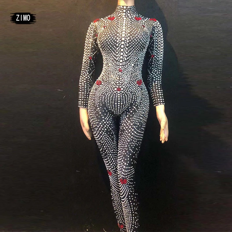 

Sexy Bling Rhinestone Jumpsuit Sparkling Crystal Pearl Nightclub Party Female Singer Stage Wear Rompers Women Jumpsuits fashion