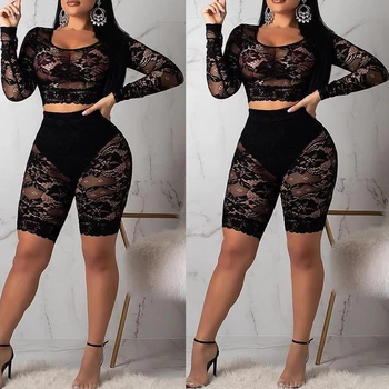 

Women Lace Neck Long Sleeve Sexy Bodysuit Crop Tops Shorts Sheer 2PCS Outfit Set