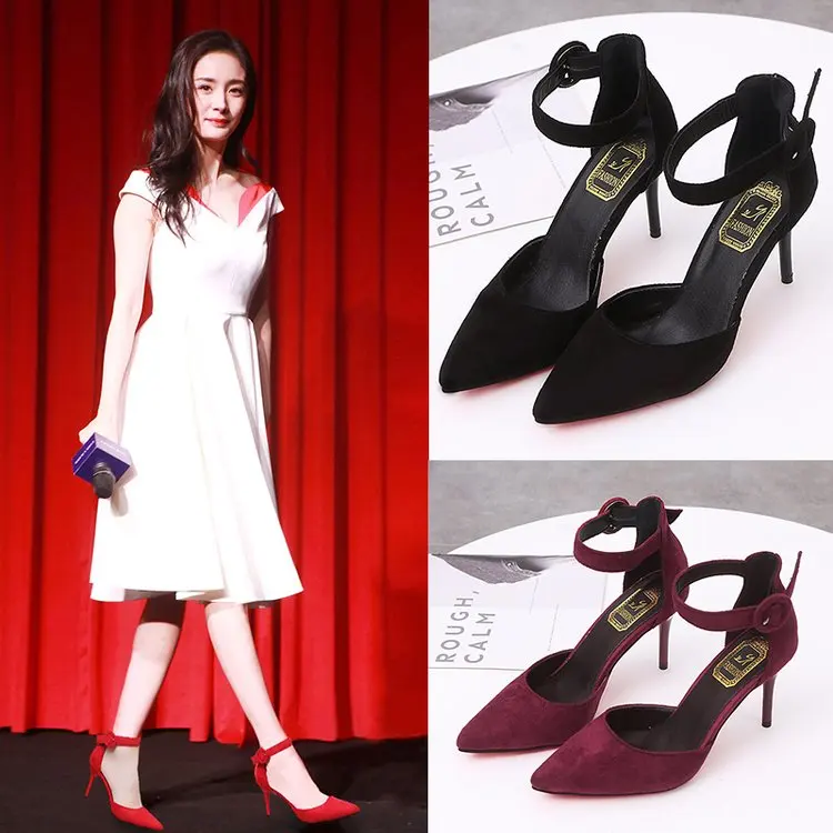

2018 New Arrival Korean Concise Pointed Toe Office Shoes Women's Fashion Solid Flock Shallow High Heels Shoes for Wome