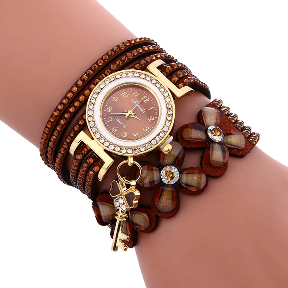 Ключ обертывание для цветов вокруг женщин браслет часы Роскошные Стразы кожа цепь часы Женские кварцевые наручные часы Relogio# W