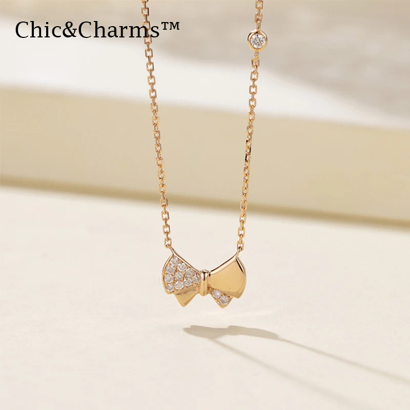 Chic& Charms 9K& 14K Настоящее розовое золото бриллиантовое ожерелье бант дизайн индивидуальные женские ювелирные изделия 0.07ct