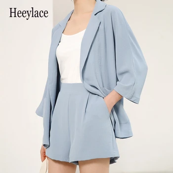 

Chiffon Two Piece Thin Blazer Suits Spring Summer Shorts Suits Long Sleeve Casual Shorts+Blazer 2 Piece office ladies Set Jacket