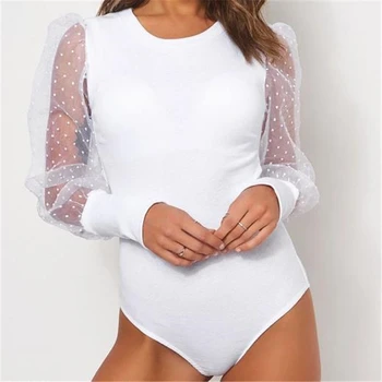 

Women Bodysuit Mesh Bodycon Jumpsuit Vintage Romper Leotard Tops Elegant Blouse Playsuit Long Sleeve White Black Clothing