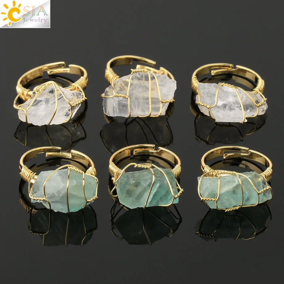 CSJA Natural Stone Crystal Rings Women Irregular Wire Wrap Healing Purple Fluorite Gold-color Resizable Finger Ring Jewelry G339 - Image 4