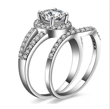 

Classical 10KT White gold Round Diamond rings 2-in-1 Vintage Accessories Wedding Finger Rings Set for Women Jewelry