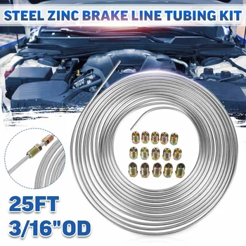 

25Ft 7.62m Coil Roll of 3/16"OD Steel Zinc Brake Line Fuel Tubing Kit with 15 Fittings Replacement Accessories