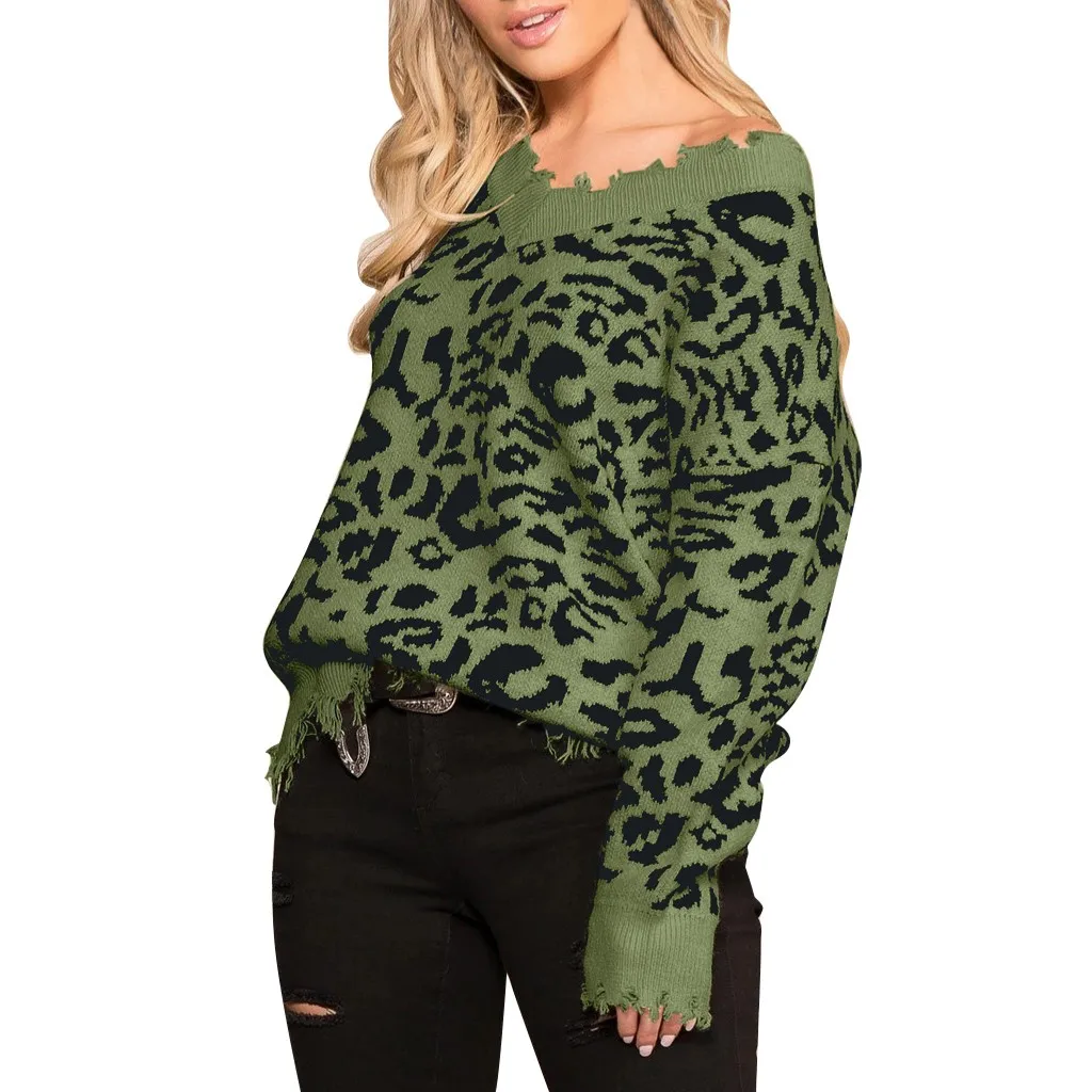Женский ажурный свитер с леопардовым принтом осенне-зимний модный женский пуловер с v-образным вырезом потертый Женский вязаный свитер джемпер Топ - Цвет: Армейский зеленый