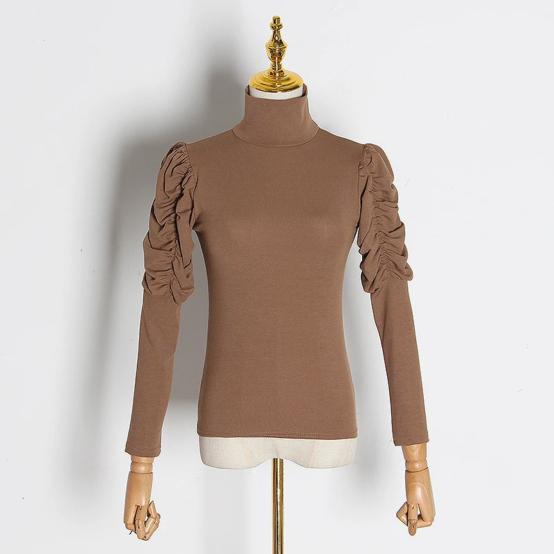 GALCAUR Minimalist Ruched T-shirt For Female Turtleneck Puff Long Sleeve Autumn Slim T Shirt Women Fashion Clothes New