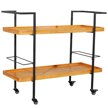 

Industrial Wine Wooden Bar Cart Rack Cart Kitchen Rolling Storage Bar Wood Table Serving Trolley with 2 Handle Bar And 4 Rolling
