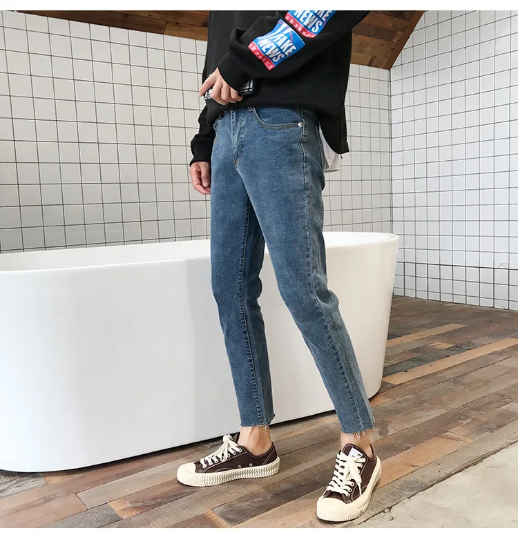 Модные джинсы мужские дырявые однотонные тонкие джинсы длиной до щиколотки повседневная мужская одежда большого размера