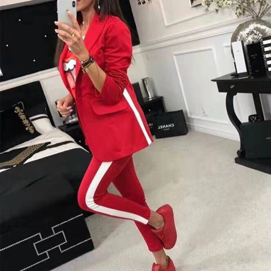 2019-Inverno-Preto-Vermelho-Branco-Slim-Dois-peda-o-Conjunto-de-Manga-Longa-Com-Decote-Em (1)