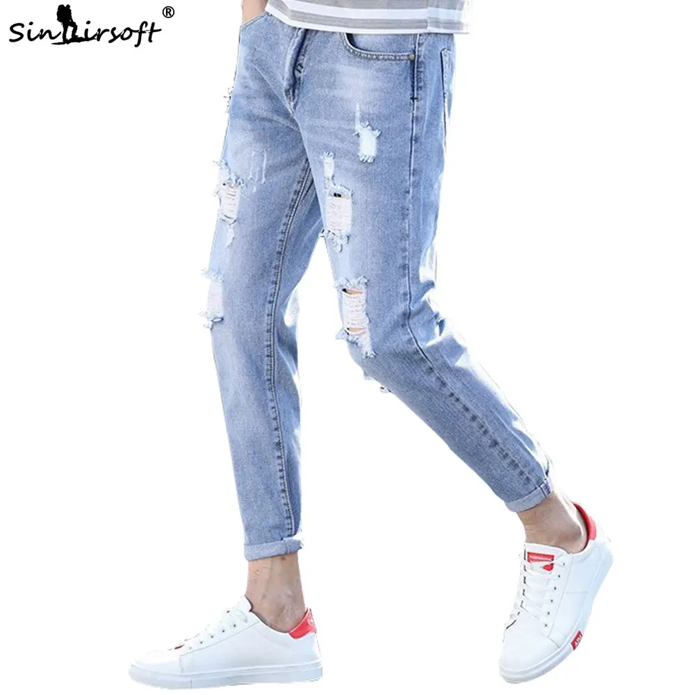 Модные мужские повседневные джинсы для бега, тренд, дизайн с дырками, Корейская версия уличных штанов, обтягивающие ноги, хип-хоп, мотоциклетные, ковбойские