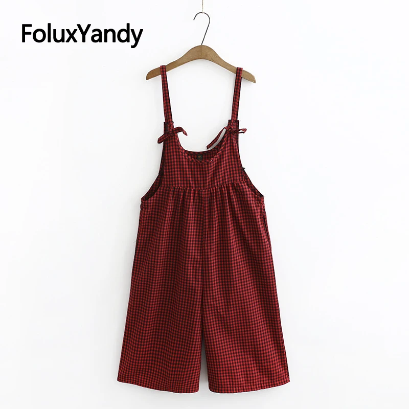 

Women Overalls Plaid Trousers Plus Size Cotton and Linen Casual Loose Straight Pants 3 4 5 6 XL KKFY4453