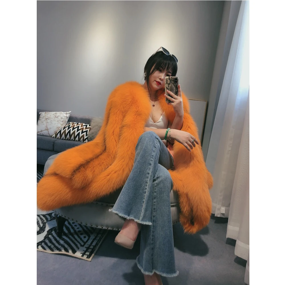 

2019 New Real Womens Fox Fur Coat Fashion Long Outwear Thick Warm Fur Jacket Natural Fox Fur Coat Orange Parkas