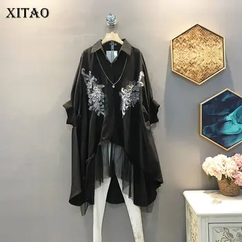 

XITAO Korean Style Fashion Women Blouses Sequin Embroidery Flowers Women Tops Plus Size Irregular Bat Sleeves Shirt XJ4604