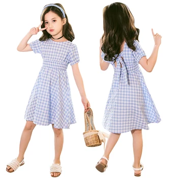 

backless beach dress age for 3 - 12 years little girls casual short sleeve cotton cute bow dress 2020 summer striped kids frocks