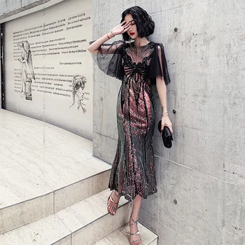 

Black Lace Patchwork Butterfly Sleeve Noble Cheongsam Female Evening Prom Gown Bling Formal Party Chinese Dress Novelty Qipao