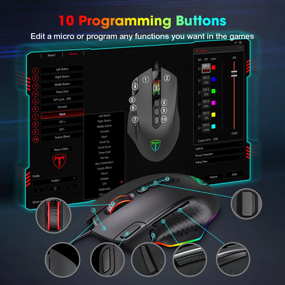 PICTEK PC257 Игровая мышь Проводная 12000 DPI Эргономичная мышь USB с RGB подсветкой 10 программируемых кнопок для компьютерных геймеров Мыши